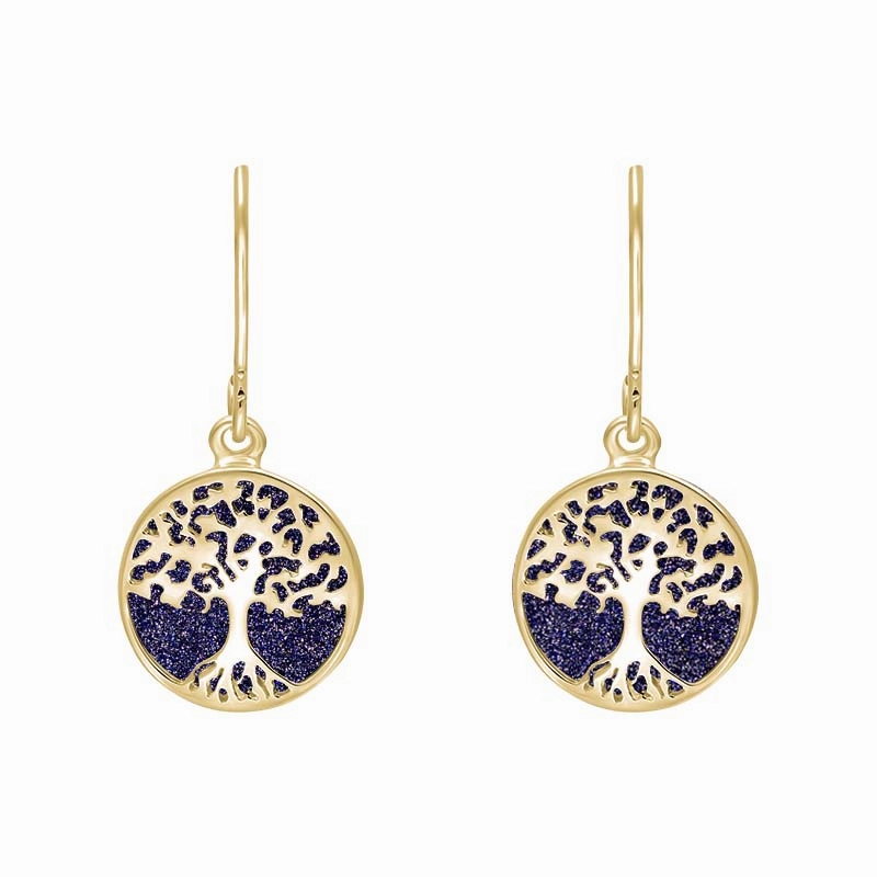 9ct Yellow Gold Blue Goldstone Round Tree of Life Drop Earrings