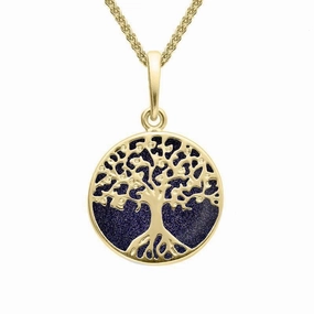 9ct Yellow Gold Blue Goldstone Small Round Tree Of Life Necklace