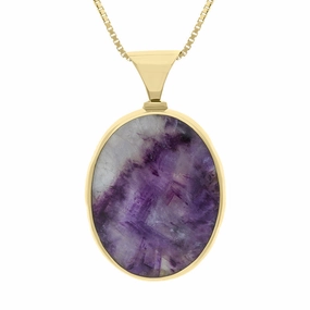 9ct Yellow Gold Blue John Whitby Jet Queens Jubilee Hallmark Double Sided Oval Necklace D