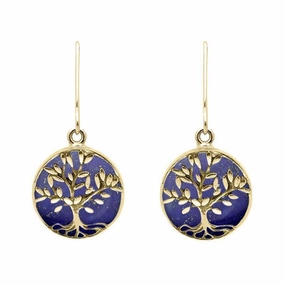 9ct Yellow Gold Lapis Lazuli Round Large Tree of Life Leaves Drop Earrings