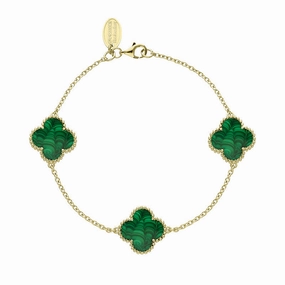 9ct Yellow Gold Malachite Bloom Four Leaf Clover Ball Edge Chain Bracelet