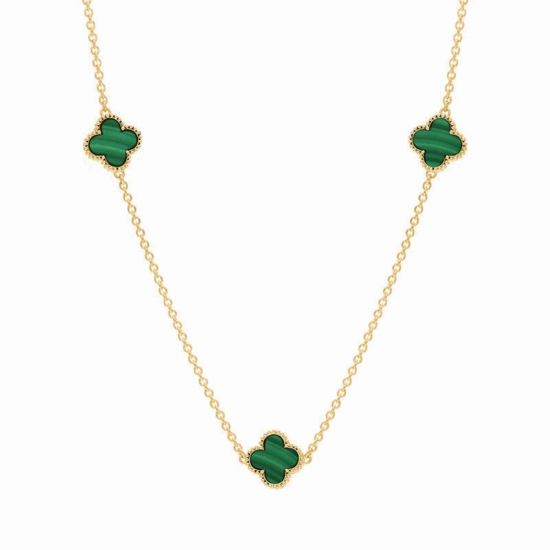 9ct Yellow Gold Malachite Bloom Four Leaf Clover Ball Edge Necklace