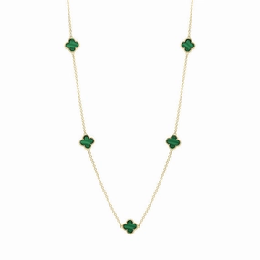 9ct Yellow Gold Malachite Bloom Four Leaf Clover Ball Edge Necklace