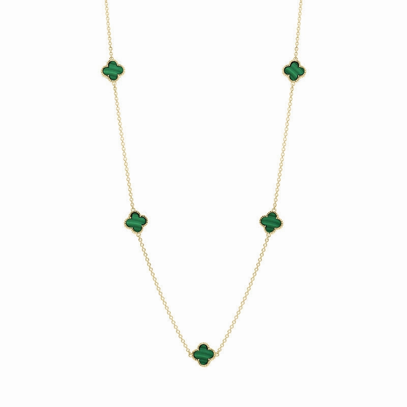 9ct Yellow Gold Malachite Bloom Four Leaf Clover Ball Edge Necklace