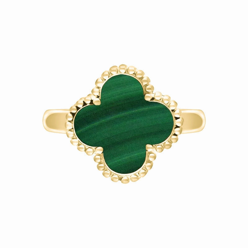 9ct Yellow Gold Malachite Bloom Four Leaf Clover Ball Edge Ring