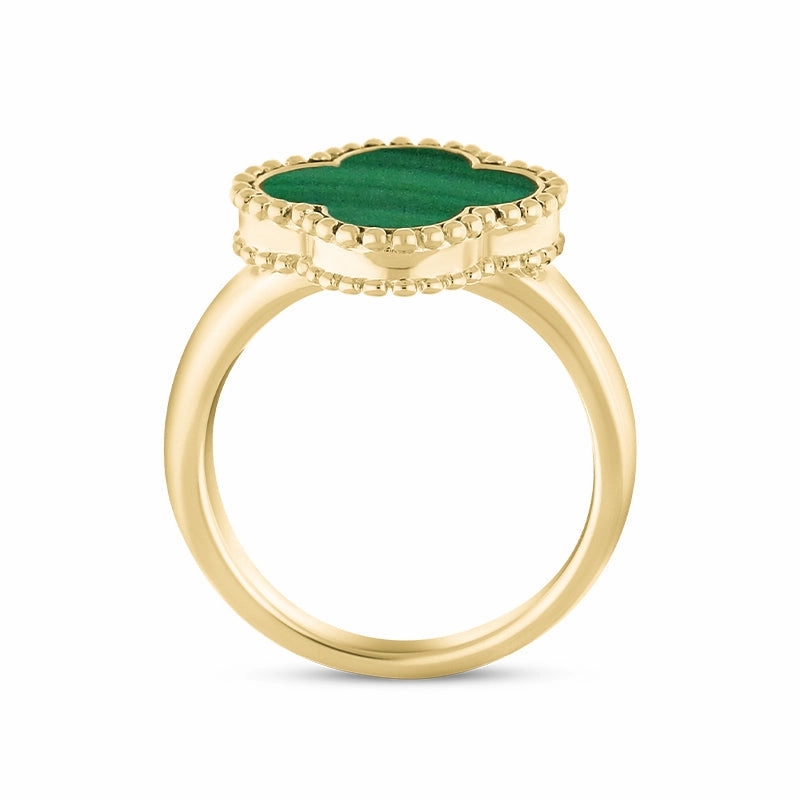 9ct Yellow Gold Malachite Bloom Four Leaf Clover Ball Edge Ring