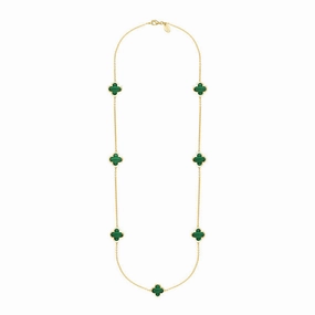 9ct Yellow Gold Malachite Bloom Four Leaf Clover Long Necklace