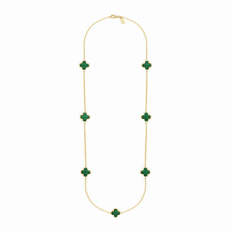 9ct Yellow Gold Malachite Bloom Four Leaf Clover Long Necklace