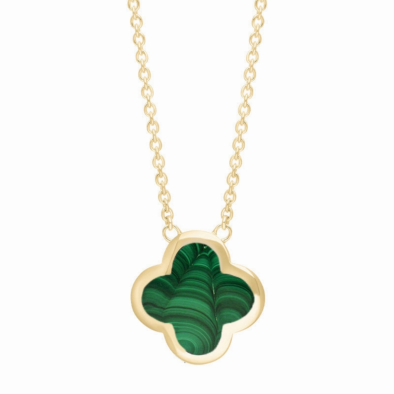 9ct Yellow Gold Malachite Bloom Large Four Leaf Clover Polished Edge Pendant