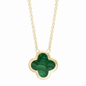 9ct Yellow Gold Malachite Bloom Large Four Leaf Clover Polished Edge Pendant