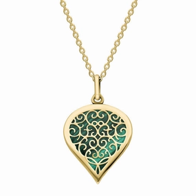 9ct Yellow Gold Malachite Flore Filigree Medium Heart Necklace