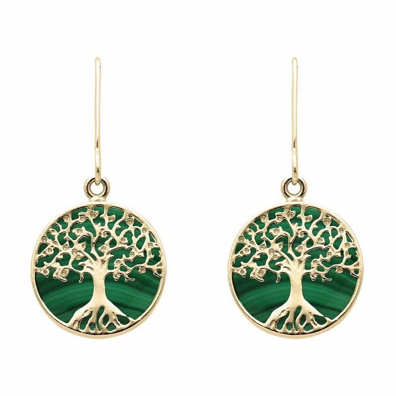 9ct Yellow Gold Malachite Round Tree of Life Drop Earrings