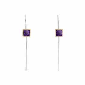 9ct Yellow Gold Sterling Silver Amethyst Stepping Stones 5mm Square Hook Earrings