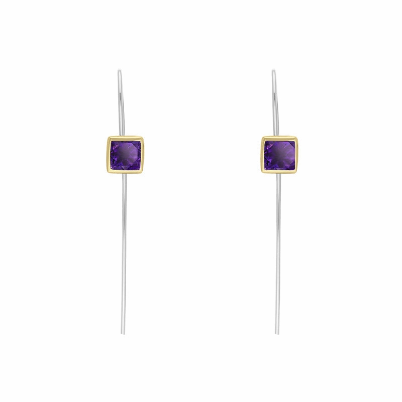 9ct Yellow Gold Sterling Silver Amethyst Stepping Stones 5mm Square Hook Earrings