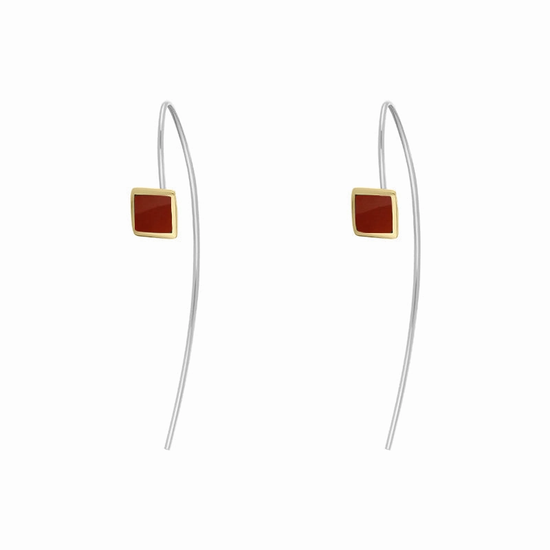 9ct Yellow Gold Sterling Silver Carnelian Stepping Stones 5mm Square Hook Earrings