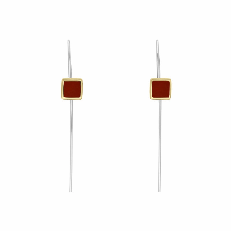 9ct Yellow Gold Sterling Silver Carnelian Stepping Stones 5mm Square Hook Earrings