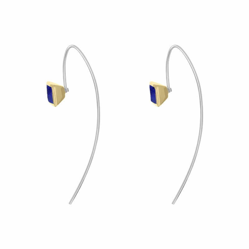 9ct Yellow Gold Sterling Silver Lapis Lazuli Stepping Stones 5mm Square Hook Earrings