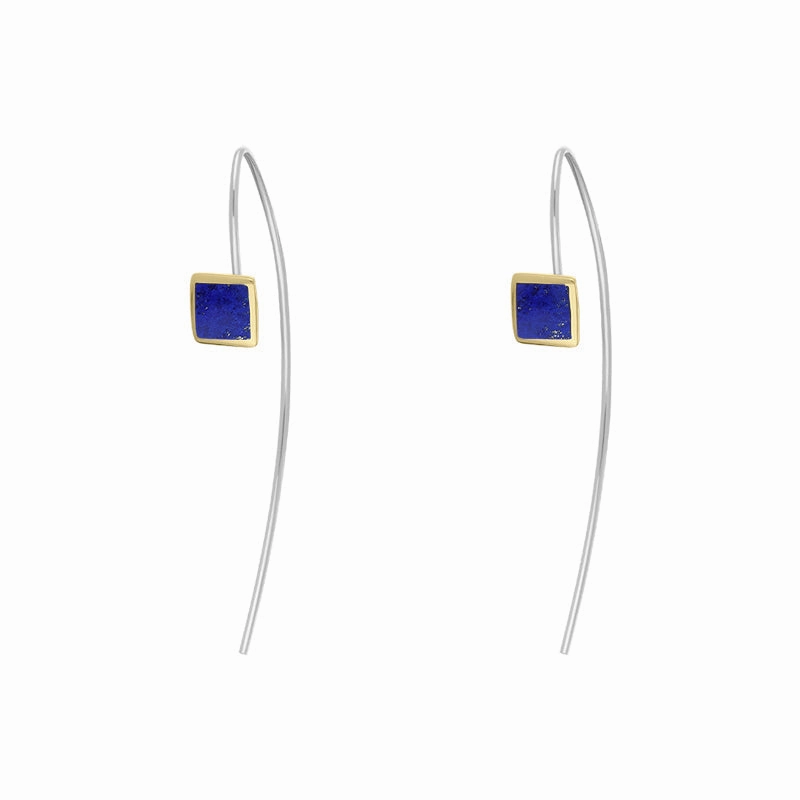 9ct Yellow Gold Sterling Silver Lapis Lazuli Stepping Stones 5mm Square Hook Earrings