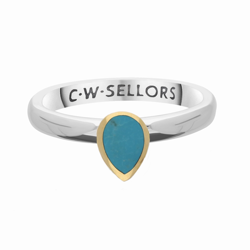 9ct Yellow Gold Sterling Silver Turquoise Stepping Stones 5x7mm Pear Cut Bezel Set Ring
