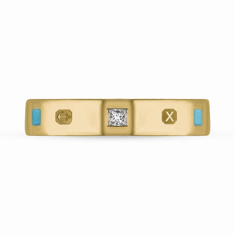9ct Yellow Gold Turquoise 0.09ct Diamond Queen's Jubilee Hallmark Princess Cut 4mm Ring D