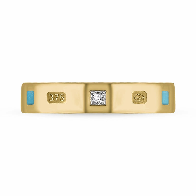 9ct Yellow Gold Turquoise 0.09ct Diamond Queen's Jubilee Hallmark Princess Cut 4mm Ring D