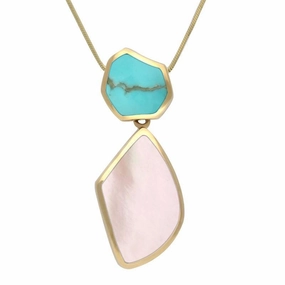 9ct Yellow Gold Turquoise Pink Mother of Pearl Curved Necklace D