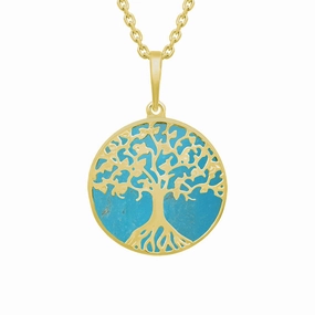 9ct Yellow Gold Turquoise Round Tree of Life Necklace