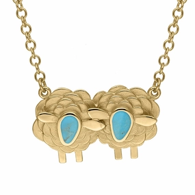 9ct Yellow Gold Turquoise Two Large Sheep Necklace