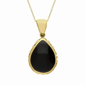 9ct Yellow Gold Whitby Jet Blue John Double Sided Celtic Pear Cut Fob Necklace