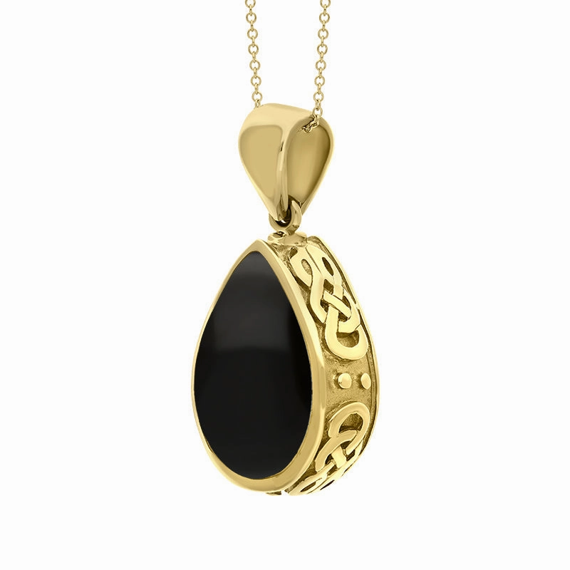 9ct Yellow Gold Whitby Jet Blue John Double Sided Celtic Pear Cut Fob Necklace
