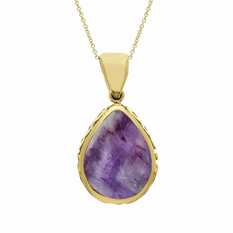 9ct Yellow Gold Whitby Jet Blue John Double Sided Celtic Pear Cut Fob Necklace