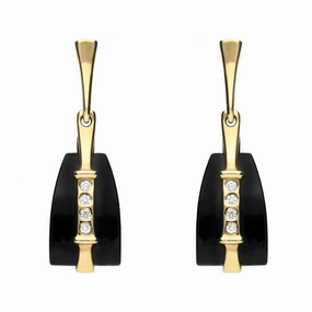9ct Yellow Gold Whitby Jet Diamond Four Stone Graduated Drop Earrings D