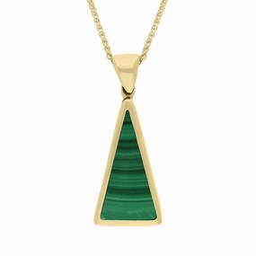 9ct Yellow Gold Whitby Jet Malachite Small Double Sided Triangular Fob Necklace