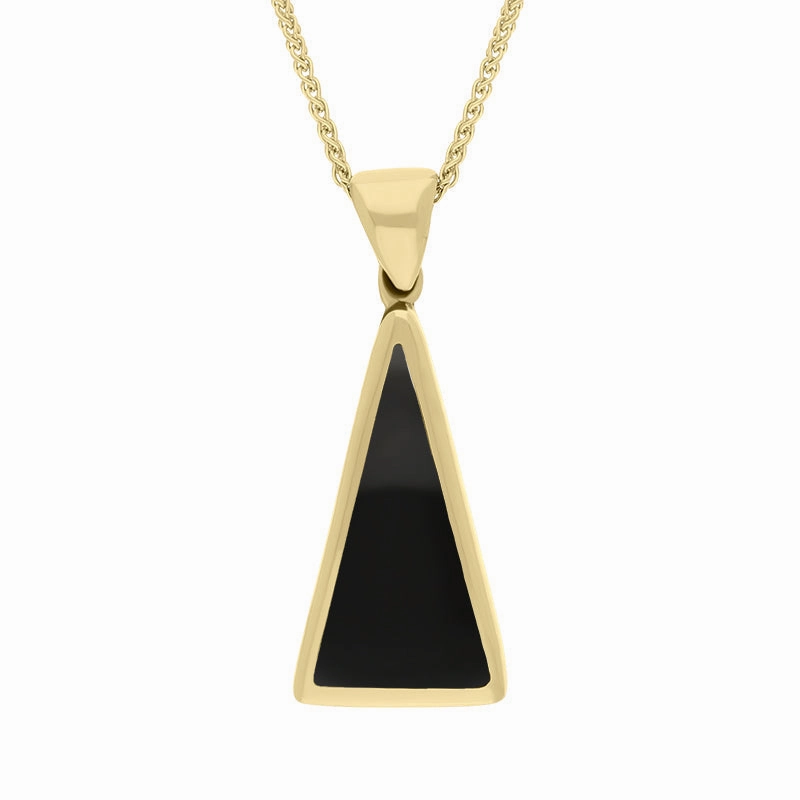 9ct Yellow Gold Whitby Jet Malachite Small Double Sided Triangular Fob Necklace