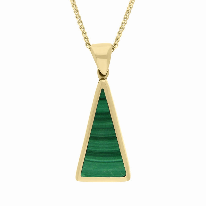 9ct Yellow Gold Whitby Jet Malachite Small Double Sided Triangular Fob Necklace