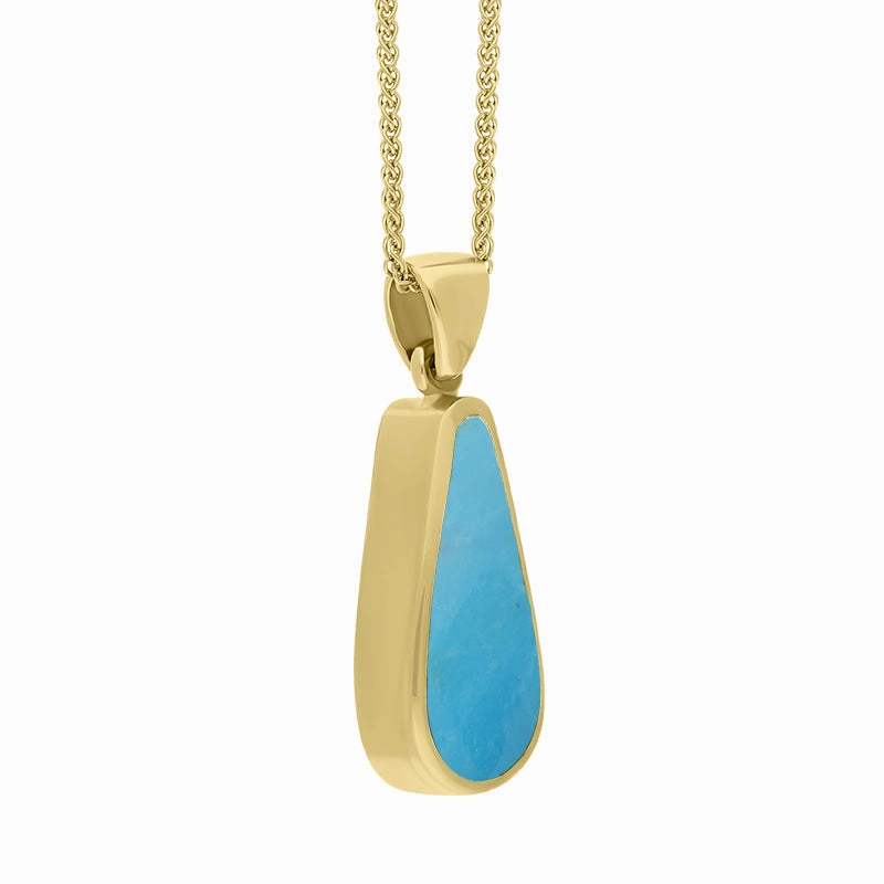 9ct Yellow Gold Whitby Jet Turquoise Small Double Sided Pear Cut Fob Necklace