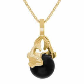 9ct Yellow Gold Whitby Jet Zodiac Pisces 8mm Bead Pendant