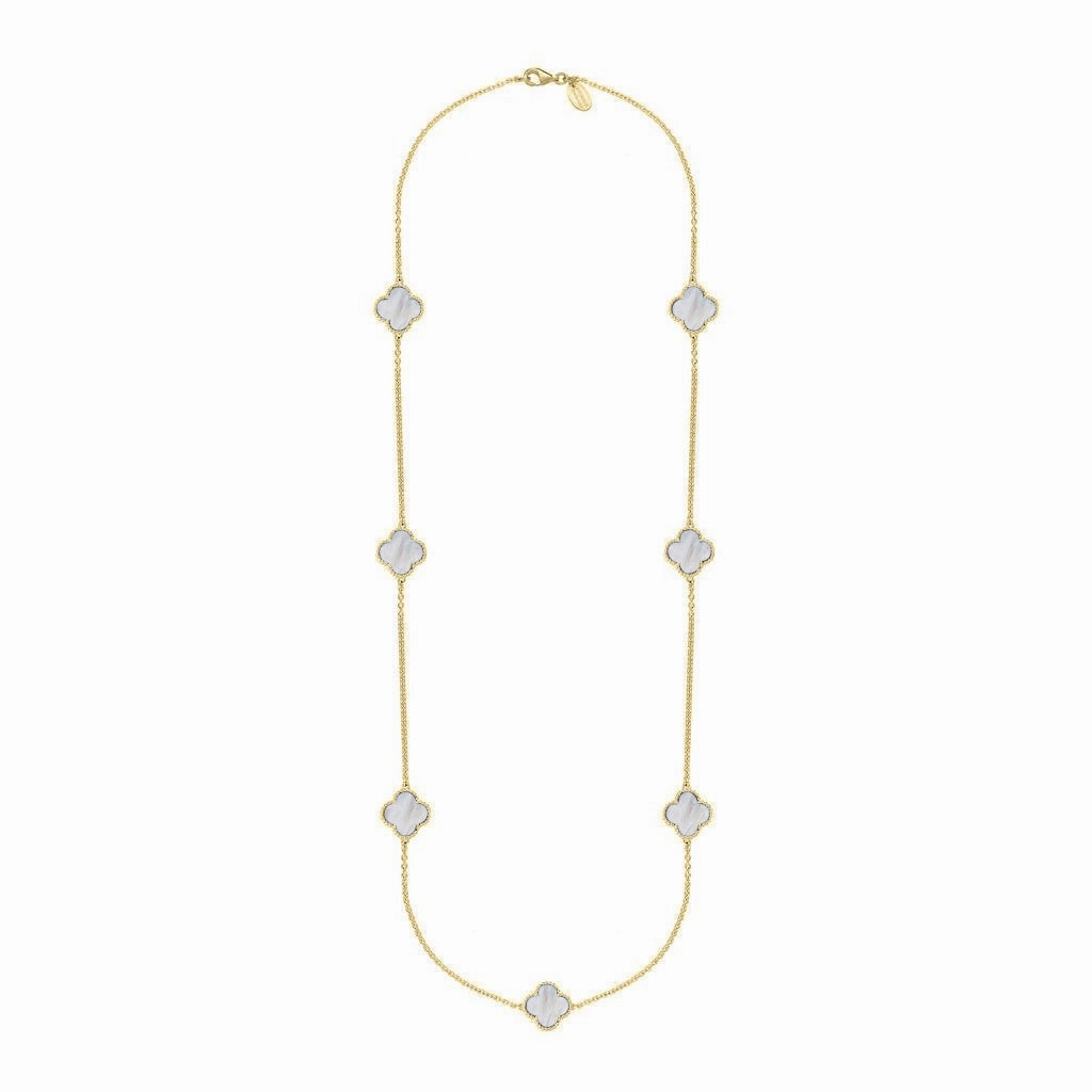 9ct Yellow Gold White Mother of Pearl Bloom Four Leaf Clover Ball Edge Long Necklace