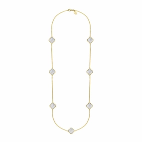 9ct Yellow Gold White Mother of Pearl Bloom Four Leaf Clover Ball Edge Long Necklace