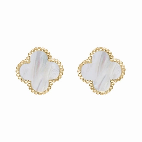 9ct Yellow Gold White Mother of Pearl Bloom Four Leaf Clover Ball Edge Stud Earrings