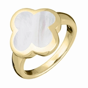9ct Yellow Gold White Mother of Pearl Bloom Four Leaf Clover Ring