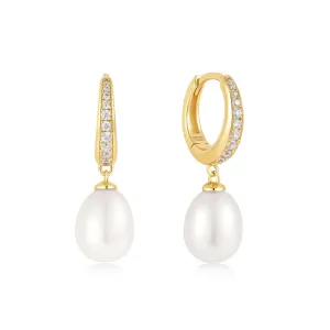 Ania Haie Gold Freshwater Pearl White Cubic Zirconia Pav Drop Huggies E058-03G