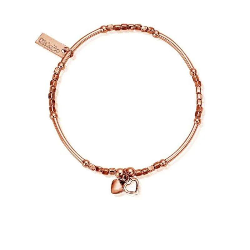 ChloBo Sterling Silver Rose Gold Plated Mini Noodle Cube Double Hearts Bracelet