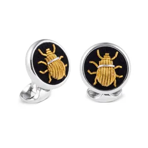Deakin & Francis Cufflinks Sterling Silver Embroidered Gold Bug
