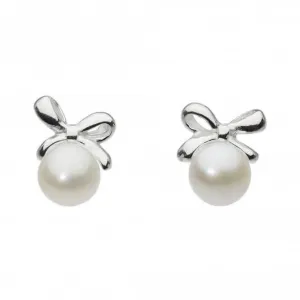 Dew Silver Dinky Small Bow With Freshwater Pearl Stud Earrings 3648FP024