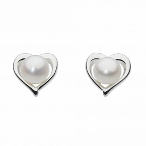 Dew Silver Dinky Small Heart With Freshwater Pearl Stud Earrings 3653FP024