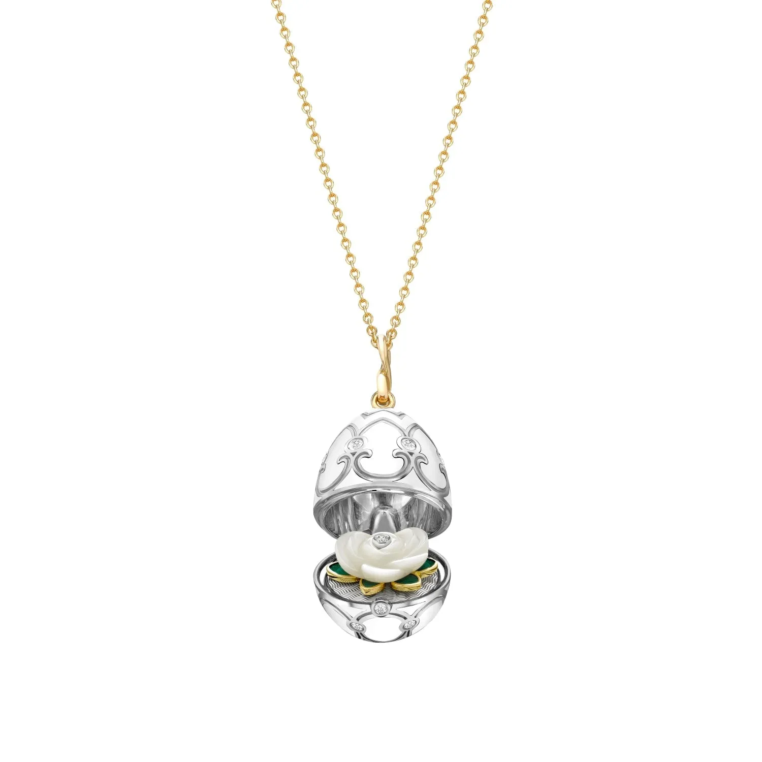 Faberge Heritage 18ct Gold White Enamel Locket with Mother of Pearl Flower Surprise