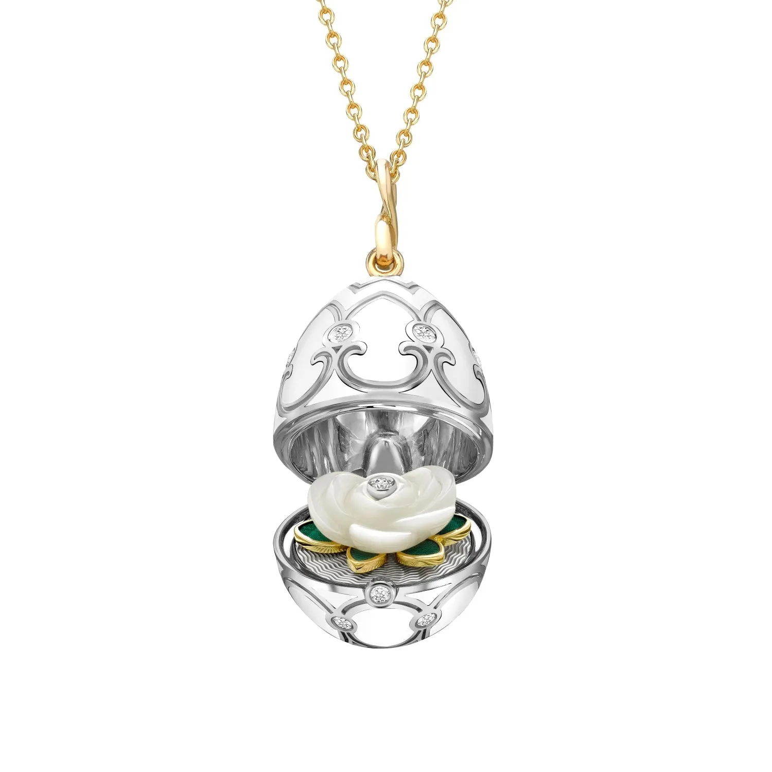 Faberge Heritage 18ct Gold White Enamel Locket with Mother of Pearl Flower Surprise