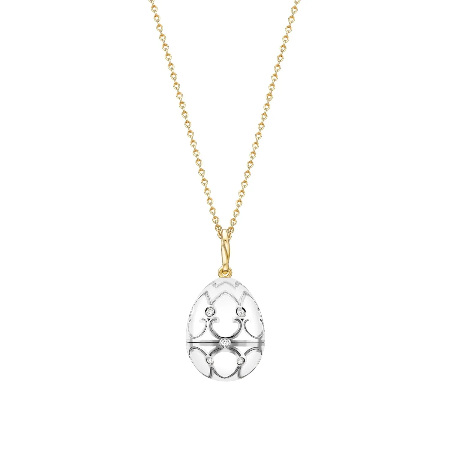 Faberge Heritage 18ct Gold White Enamel Locket with Mother of Pearl Flower Surprise