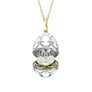 Faberge Heritage 18ct Gold White Enamel Locket with Mother of Pearl Flower Surprise